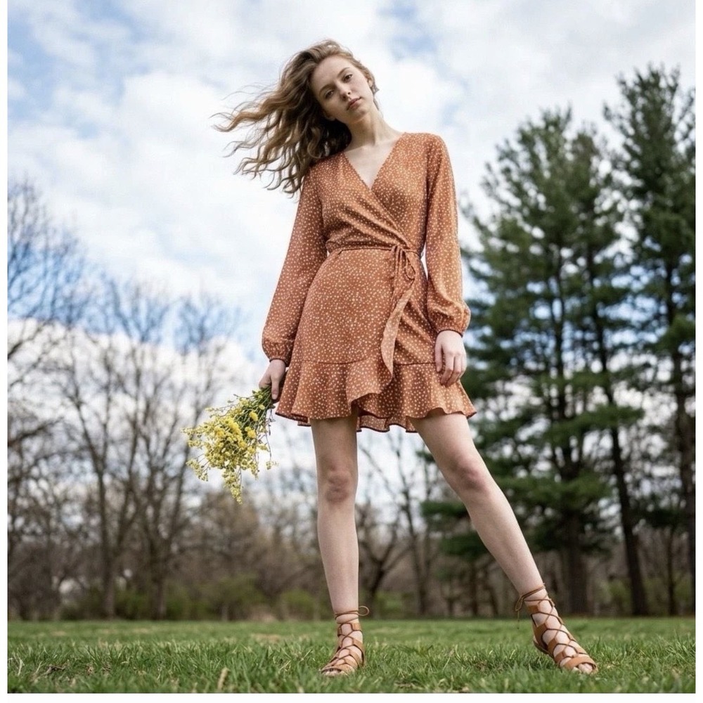All In Favor Rust Orange Polka Dot Wrap Dress Ruffle Mini V-Neck Dress‎ Size XXL